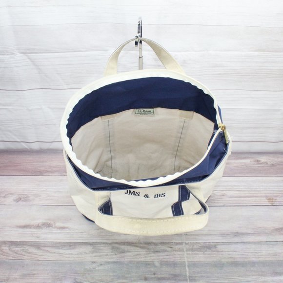 LL BEAN Boat & Tote Cream Canvas Blue Trim JMS & IBS Zip Top Purse Tote Handbag - Picture 8 of 9